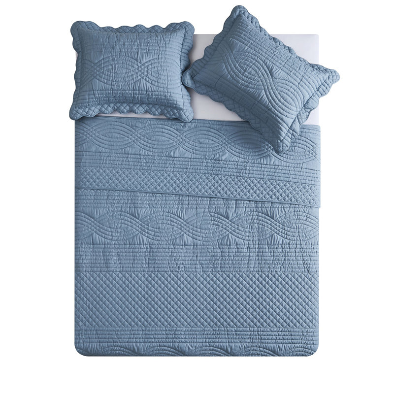 VCNY Home Scallop Microfiber Quilt Set, Full/Queen, Queen Quilt + 2 Standard Shams, Blue