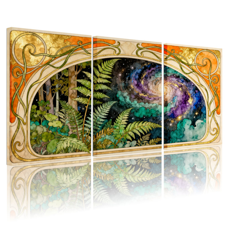 Forêt fantastique et galaxie, ensemble de 3 reproductions d'art sur toile, H 36 po x l 72 po