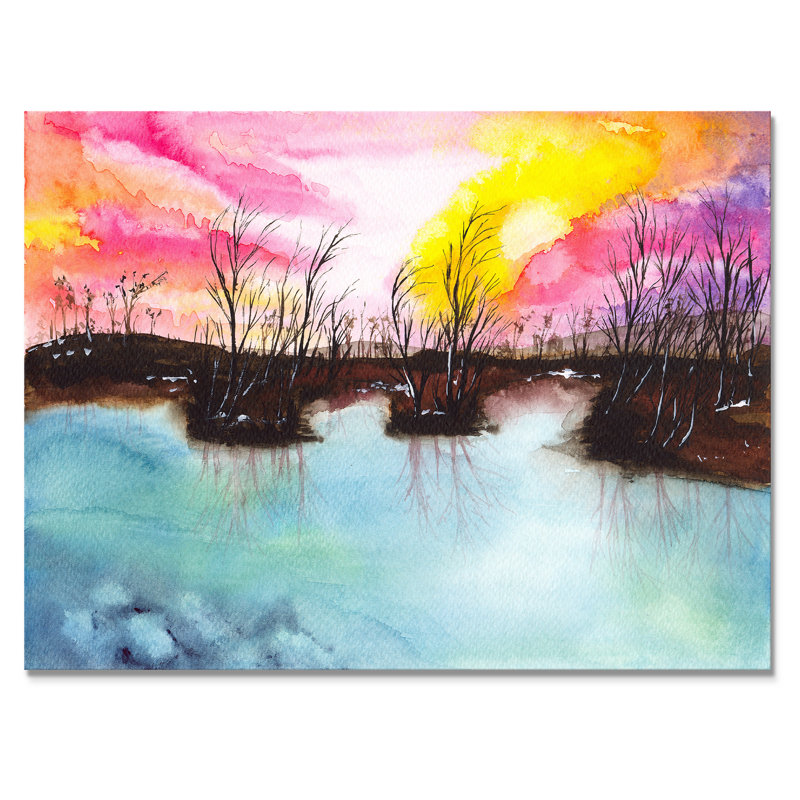 «A Landscape With A Blue Lake Swampy Shore», reproduction sur toile, H 12 po x l 20 po, Toile tendue