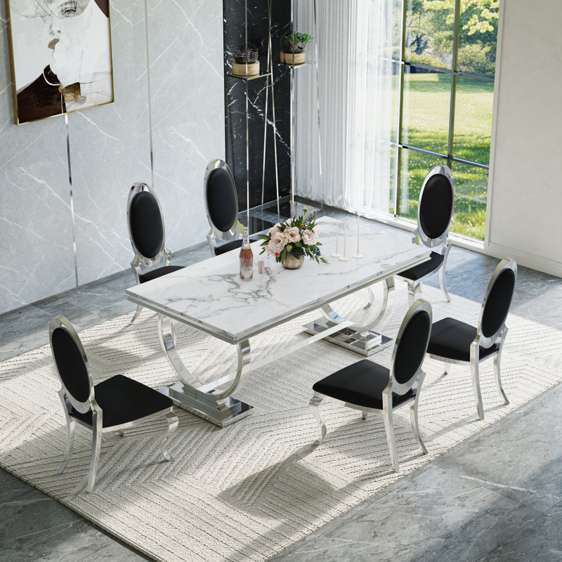 7-Piece Dining Set with Faux Marble Tabletop and Stainless Steel Chairs – Modern Dining Table Set for 6, White/Silver/Black