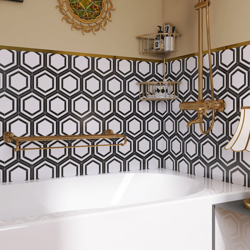 Interspace Natural Stone Honeycomb Marble Look Mosaic Wall Tile, Black/White