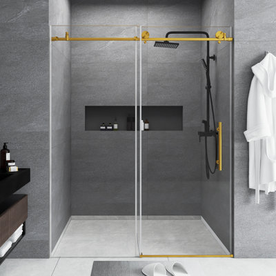 56-60 "W X 76" H Frameless Shower Door | Single Sliding |  1/4 Inch Transparent Tempered Glass With Explosion Proof Film | Stainless Steel Handle | Brushed Gold