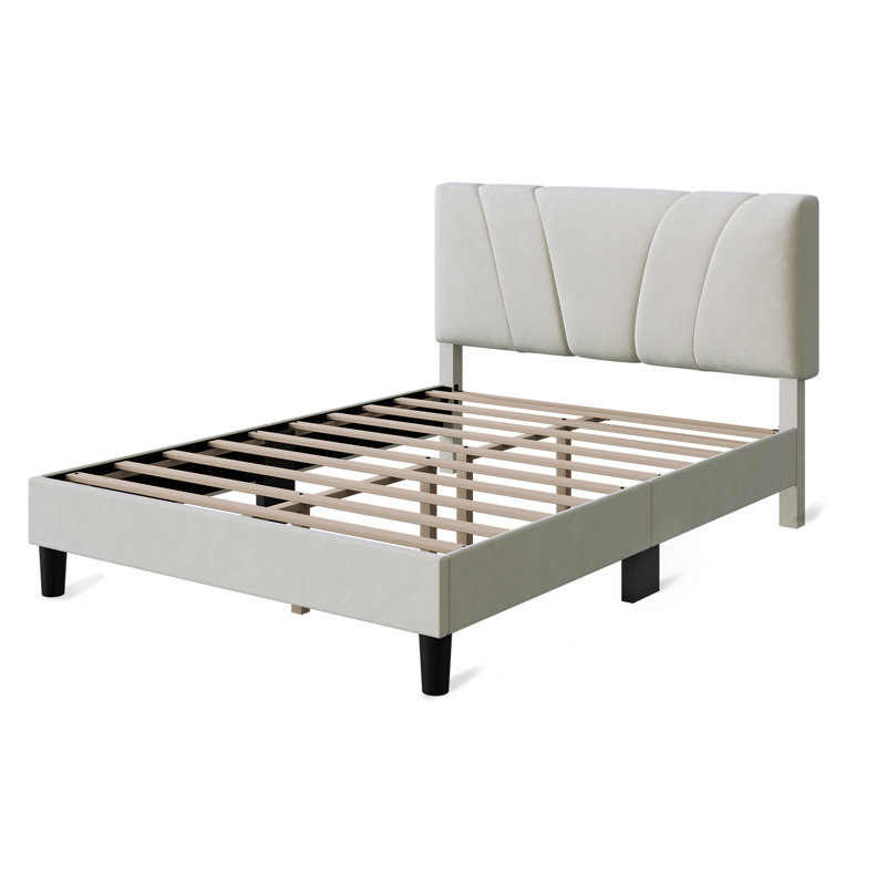 Lit plateforme tapissier avec tête de lit ajustable, Grand lit, Velours blanc, Tête de lit réglable