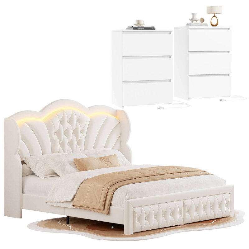 ON SALE 3-Piece Bedroom Sets, Velvet Upholstered Wingback Bed With LED Headboard And Storage Drawers, 2 3-Drawer Nightstands With Charging Port