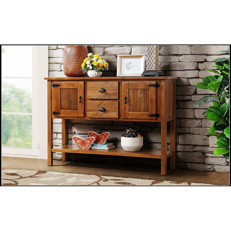 Buffet de rangement vintage en bois massif avec 2 tiroirs, armoires et tablette inférieure pour la décoration et l'organisation