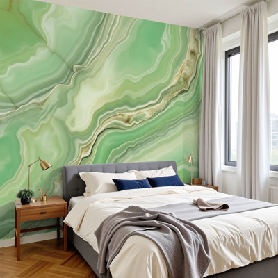Peel and Stick Wallpaper Abstract Green Onyx Marble White Beige Veins Wall Murals 69"H x 96"W Removable PVC Wall Paper Self-Adhesive Wall Decor for Bedroom Living Room Home Office