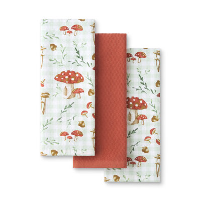Martha Stewart Autumn Harvest Mushroom Plaid Kitchen Towel 3-pack Set, 100% Cotton With Absorbent Terrycloth, Decor In White;green;orange