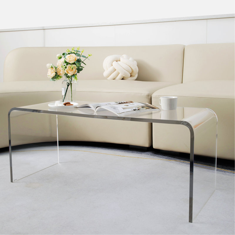 Table basse 39,25 "de long rectangulaire en acrylique avec cascade de 15 mm d'épaisseur, transparent