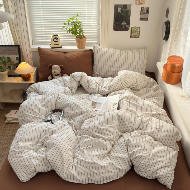 Ensemble de housse de couette chic à rayures beige et blanc Housse de couette respirante à rayures avec taies d'oreiller