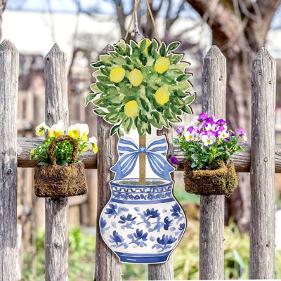 Chinoiserie Lemon Tree Door Hanger, Summer Lemon Wooden Sign For Front Door, Farmhouse Porch And Home Decor