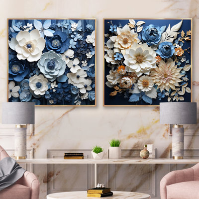 Ensemble de 2 collages de fleurs bleues et blanches saisonniers