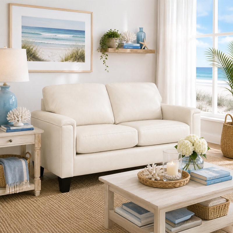Causeuse à accoudoirs carrés en cuir véritable Deboer, Cuir crème assorti