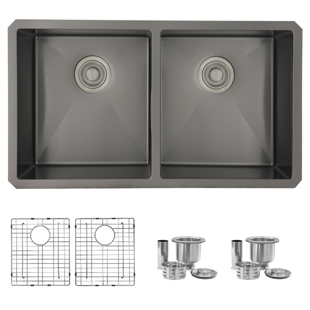 Bright STYLISH 32 inch Double Bowl Undermount Kitchen Sink with Grids and Basket Strainers STYLISH 