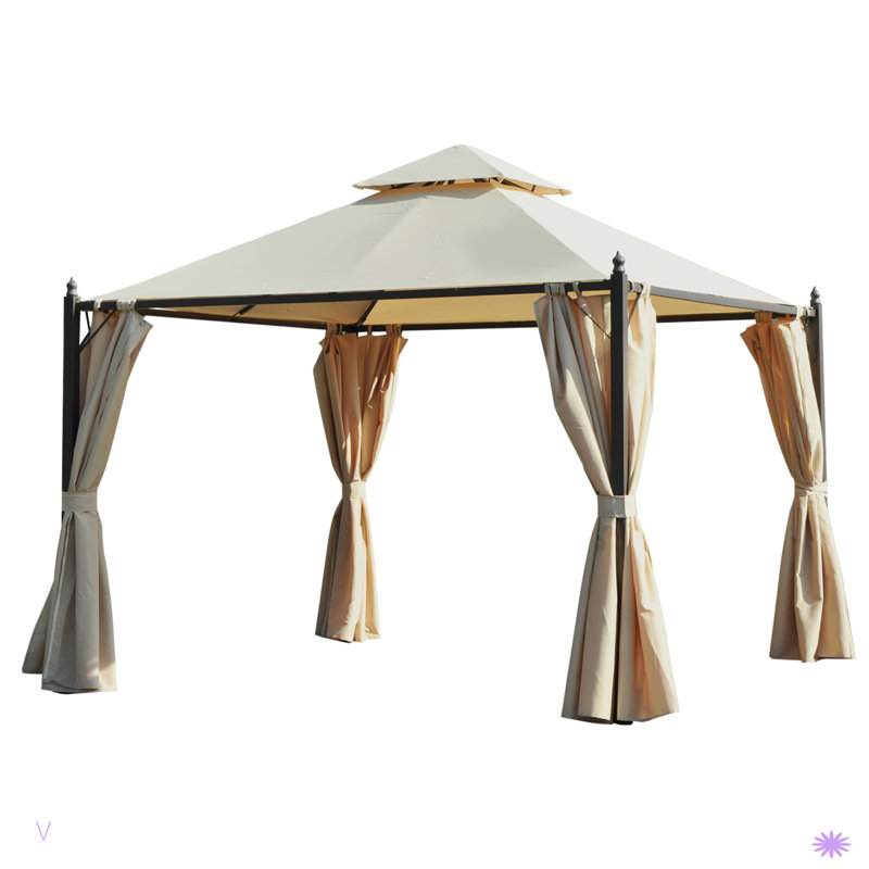 Steel Outdoor Patio Gazebo With Polyester Privacy Curtains, Two-Tier Roof For Air, & Large Design