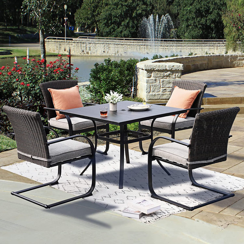 4 - Person Wicker Patio Dining Set with Square Table , Cushions Included, Gray