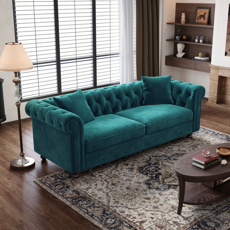 Diba 81.88'' Chesterfield Sofa, Velvet Couch with Rolled Arms, Green