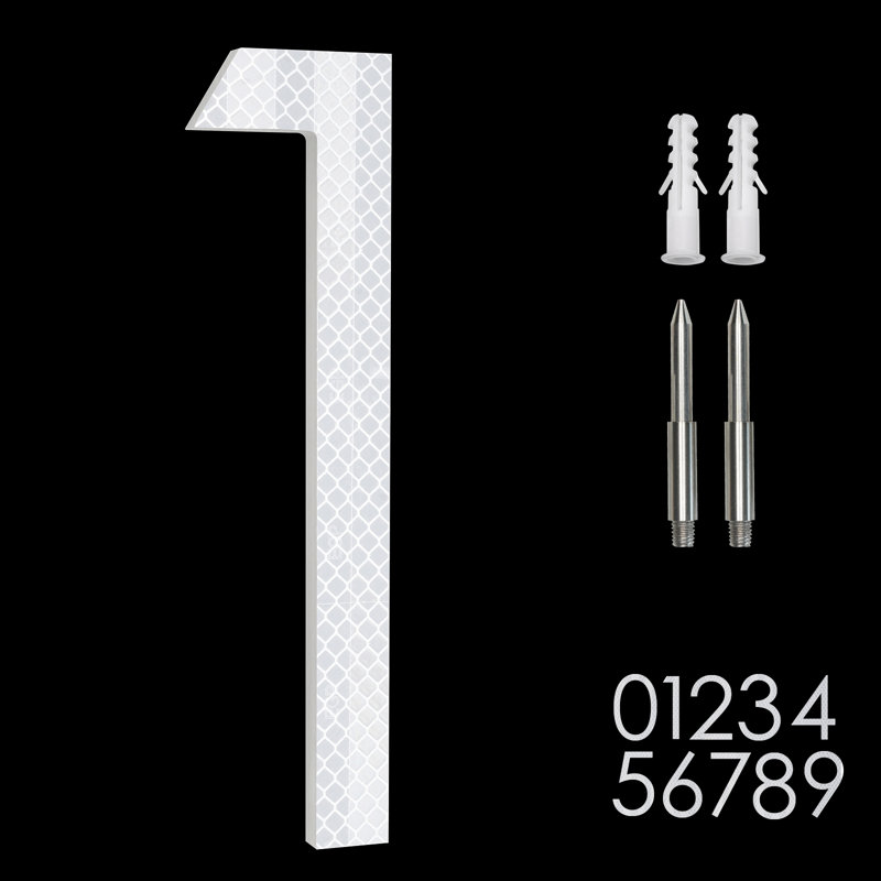 Numéro de maison 8 po en aluminium massif antirouille, flottant ou encastré, Blanc argenté réfléchissant, #1