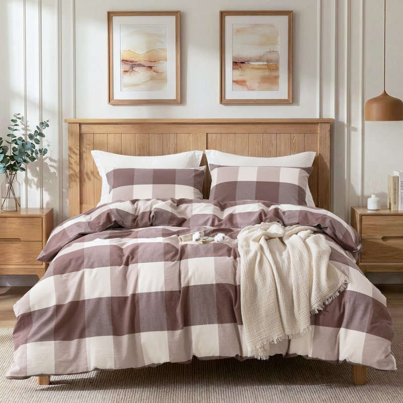 Ensemble de housse de couette en coton délavé à carreaux Buffalo brun et crème Buffalo, Coffee Brown/White