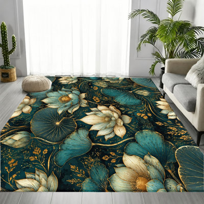 Tapis de luxe à motif floral de lotus, motif botanique, tapis antidérapant, décoration intérieure artistique élégante pour salon, chambre à coucher, entrée, cuisine, balcon, appartement