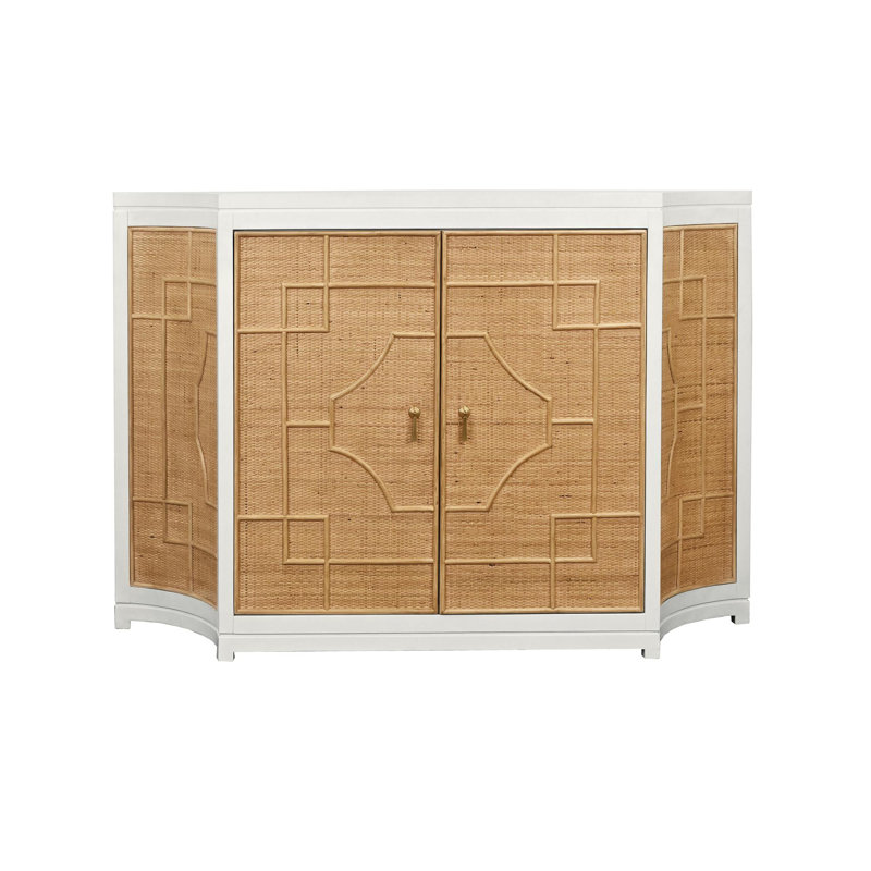Two Door Decorative Rattan Overlay Cabinet With Curved Ends Painted, Matte White