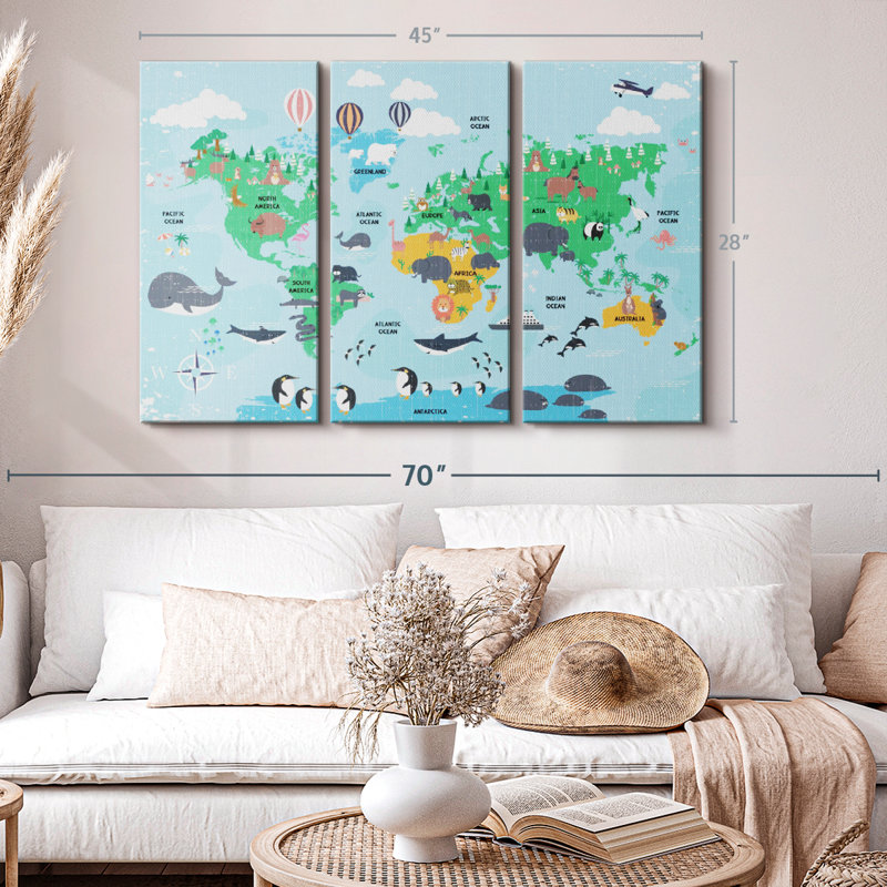 "Carte du monde pour enfants" sur toile, H 28 po x l 45 po x P 1,25 po