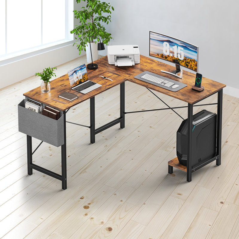 Desk and Chair Set: 49 Inch L-Shaped Computer Desk and Height Adjustable Mesh Chair, Brown