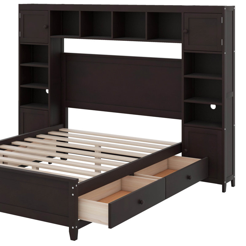 Lit double en bois avec tablette et armoire, Espresso
