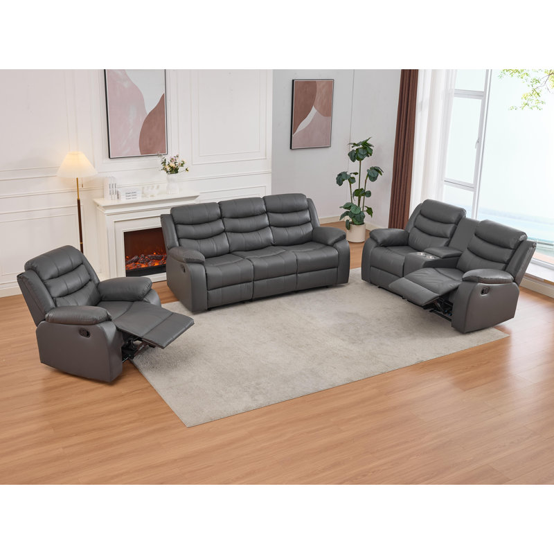 Ensemble de salon inclinable en cuir 3 pièces Lacreta Humes, Gris