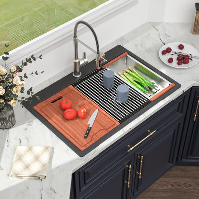 Évier de cuisine à double cuve 50/50 à double cuves en L 30 po x l 22 po, station de travail en granite avec grille d'évier, grille, planche à découper, passoire et support à enrouler