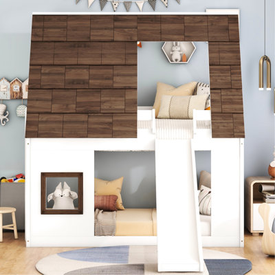 Twin Size House Bunk Bed With Slide - White + Brown, For Bedroom Decoration Brown Wood Frame