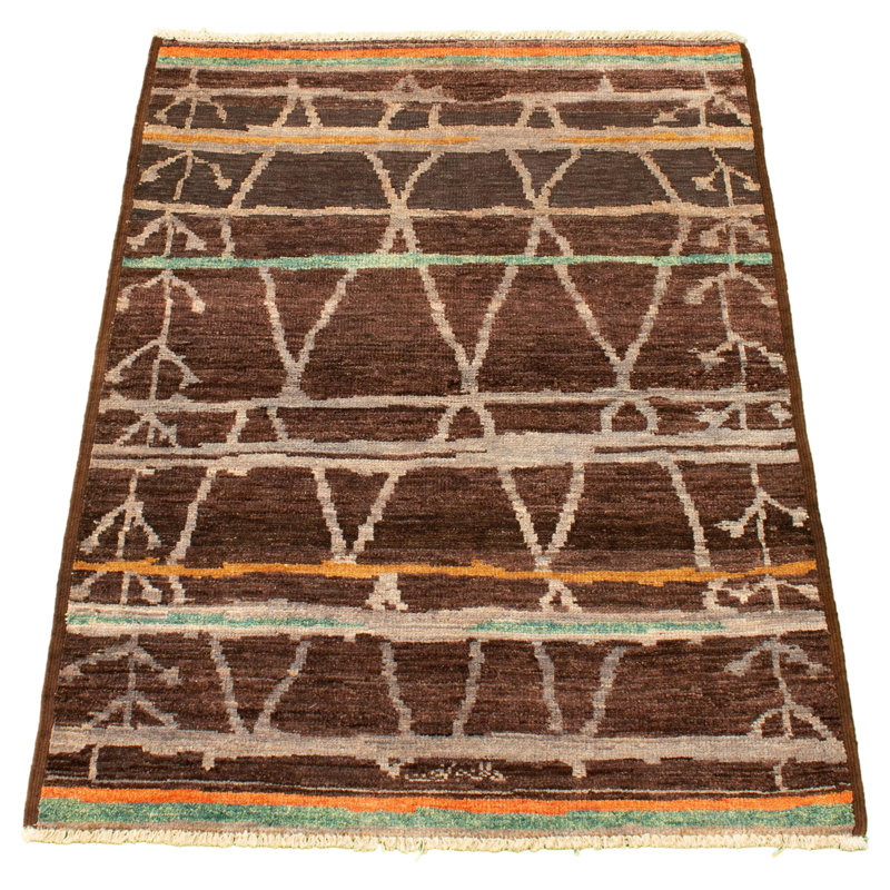 Tapis marocain brun foncé en laine nouée à la main de conception unique 4 pi 1 po x 5 pi 9 po New Age