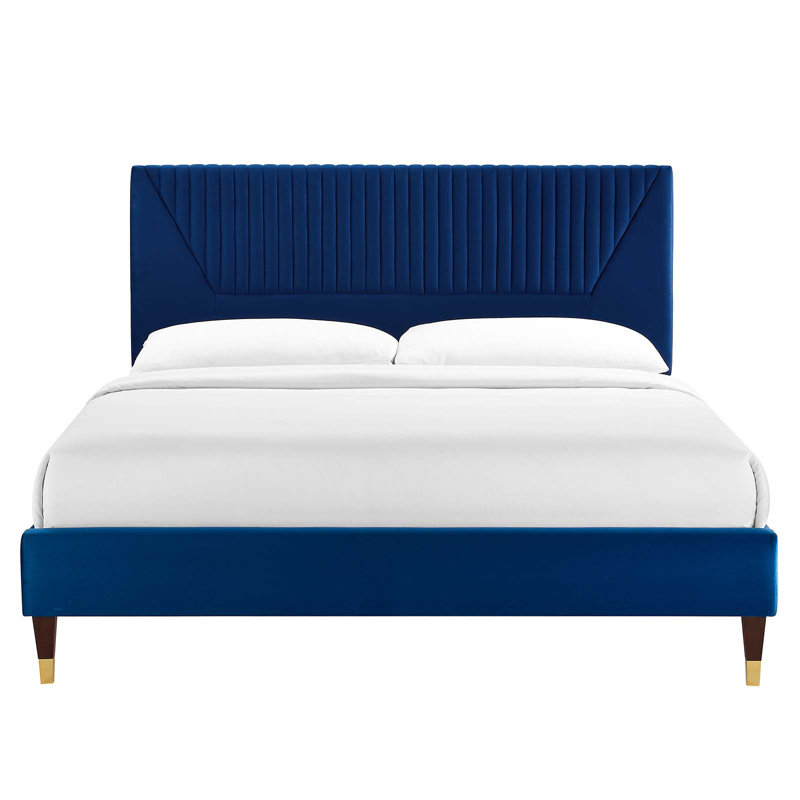 Lit plateforme en velours Yasmine Channel, Grand, Bleu marine