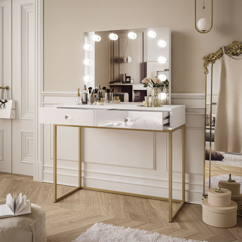 Anduena Dressing Table with Mirror, White High Gloss/Gold Matt