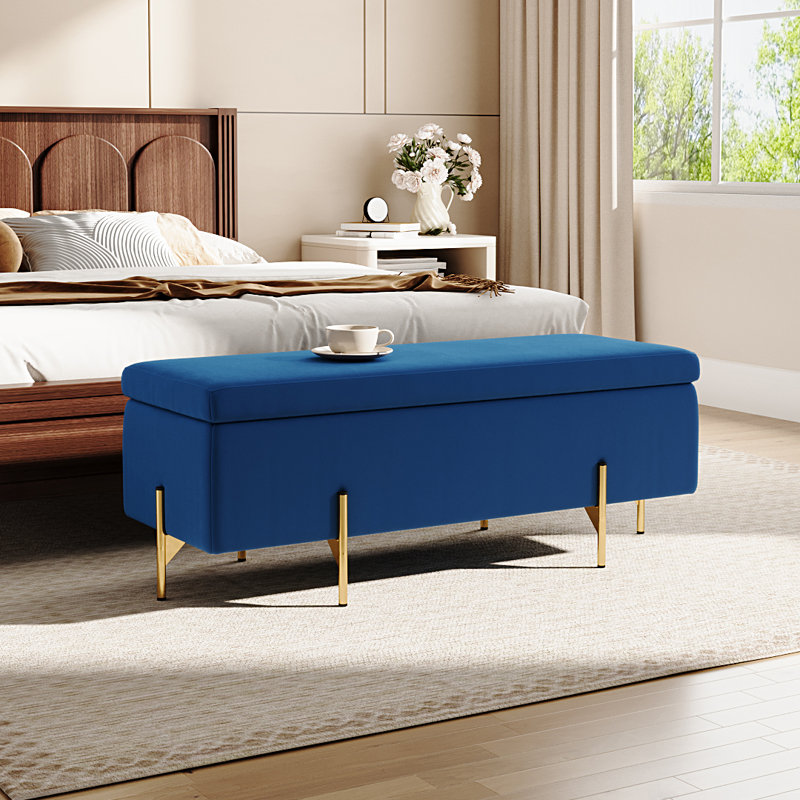 Velvet Upholstered Storage Bench, Blue