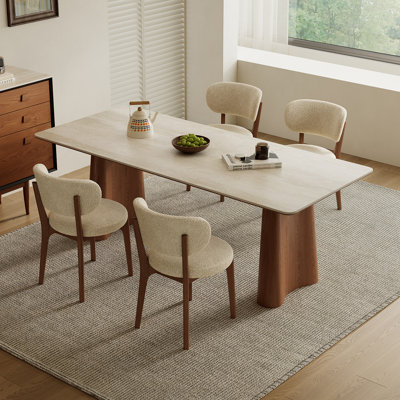 Table de salle à manger rectangulaire moderne de 180 cm (70,87 po) pour 6 à 8 personnes, avec dessus en pierre et piètement en frêne blanc.