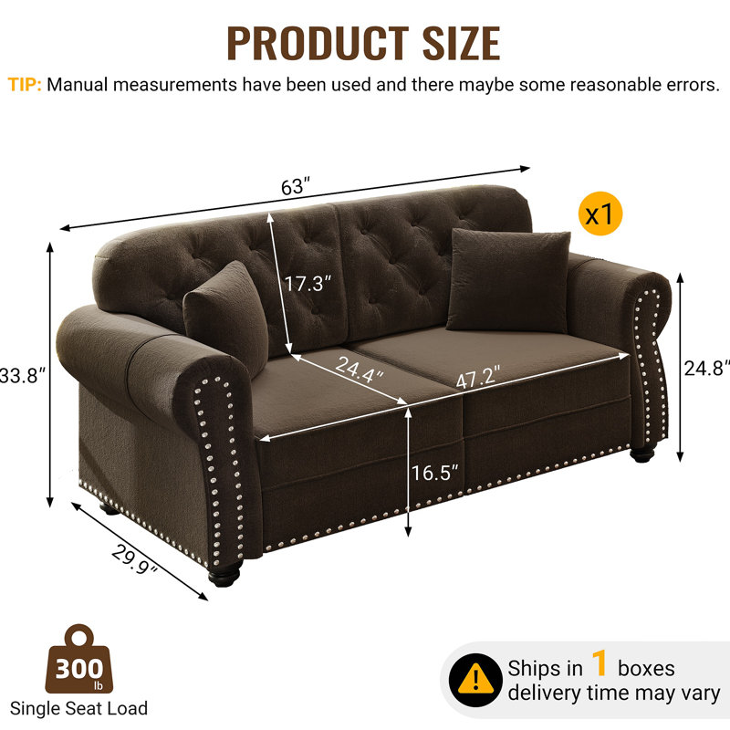 63"Upholstered Velvet Sofa With Nailhead Trim And Rolled Armrests,Mid-Century Modern Chesterfield Sofa With Button  Tufted,Includes 2 Pillows