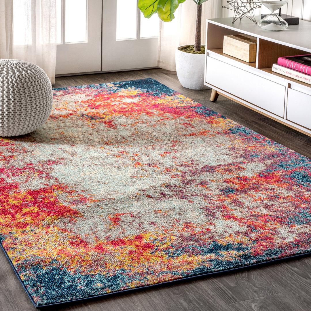 Lasley Contemporary POP Modern Abstract Cream/Blue Rug Bungalow Rose Rug 