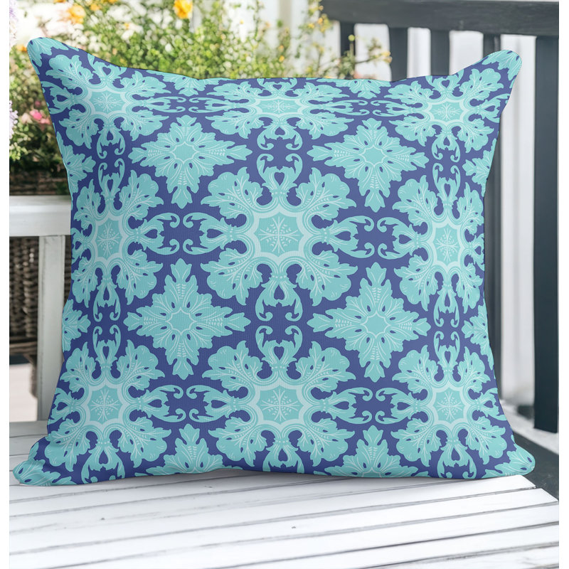 Coussin décoratif en damas pour l'extérieur, Bleu, Carré 16 po