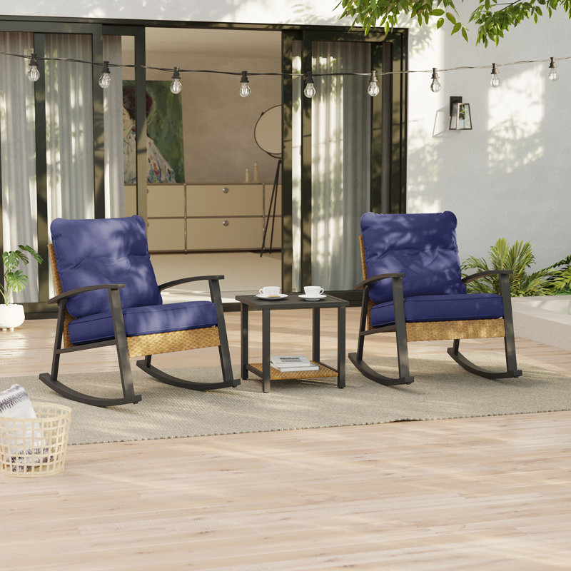 Ensemble de chaises berçantes 3 pièces avec table d'appoint et coussins, Marine