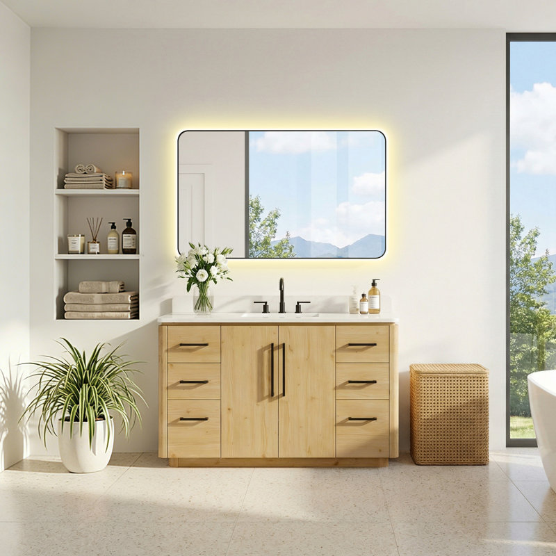Lewistown 54" Single Bathroom Vanity in Nature Brown with Grain White Engineered Stone Countertop without Mirror