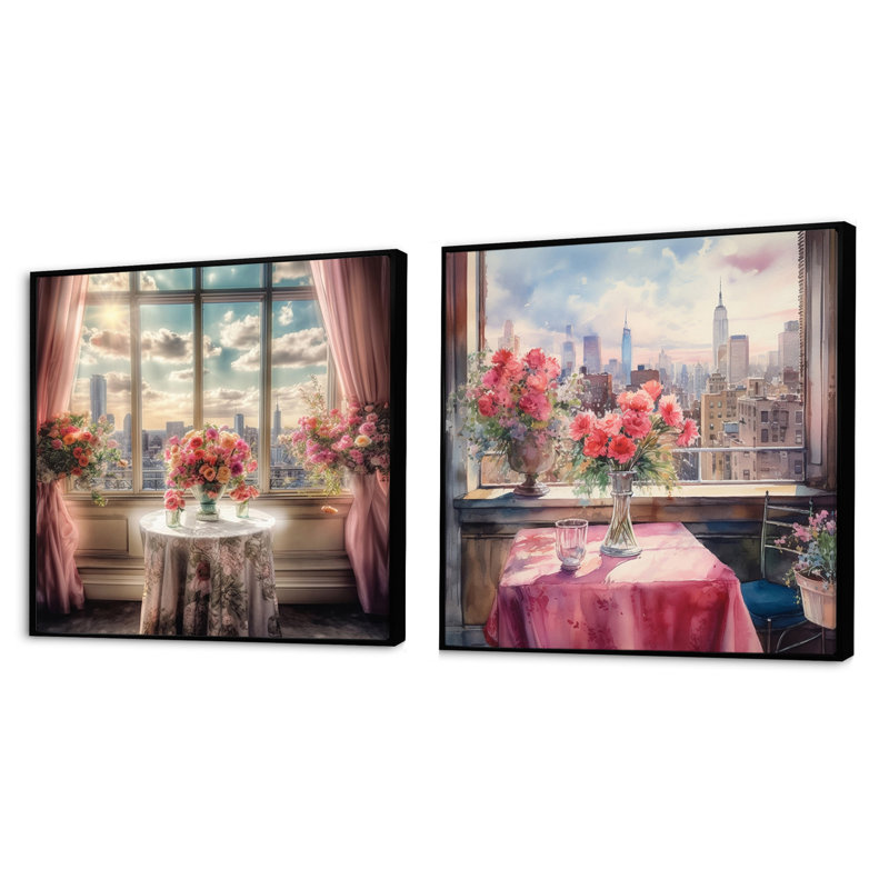 Beautiful Table View Of New York - Assortiment de bouquets carrés assortis, ensemble de 2, Cadre flottant noir