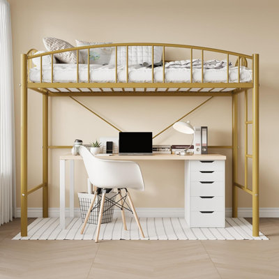 Loft Bed Twin Size, Heavy Duty Metal Loft Bed Frame with Arched Guardrail and Safety Ladder, Space-Saving, No Box Spring Needed