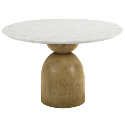 48" Kala Round Round Dining Table, Natural Marble Top & Oak Finish