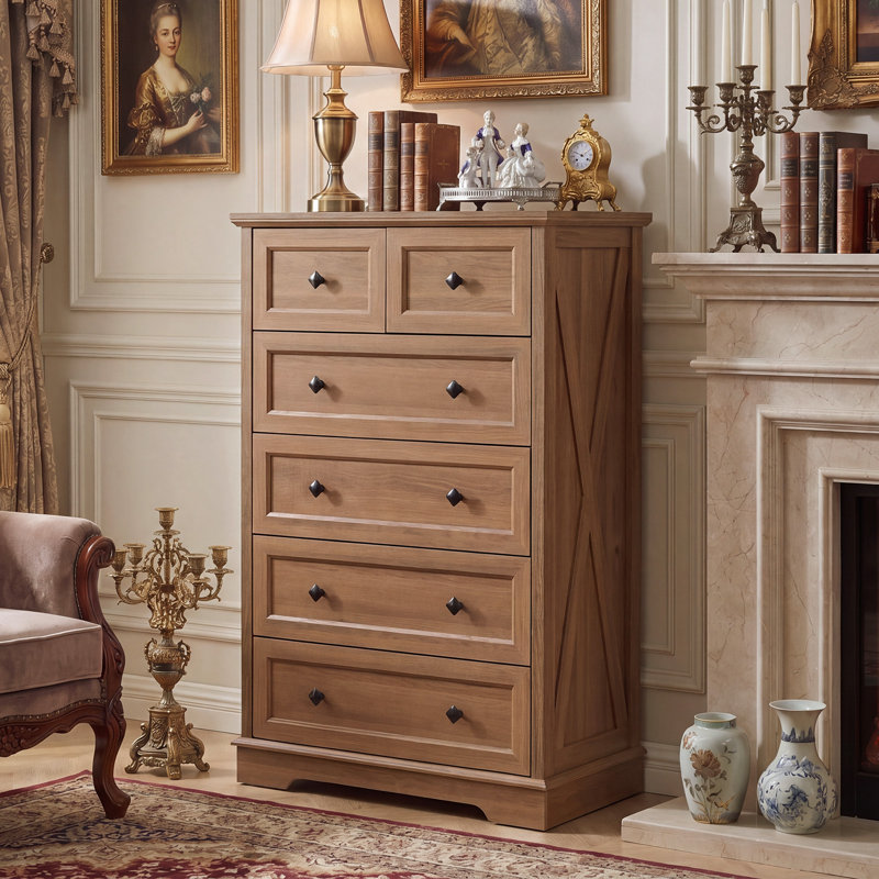 Farmhouse 6 Drawer Bedroom Dresser, Wood Tall Chest of Drawers, Closet Storage for Bedroom, Natural Oak