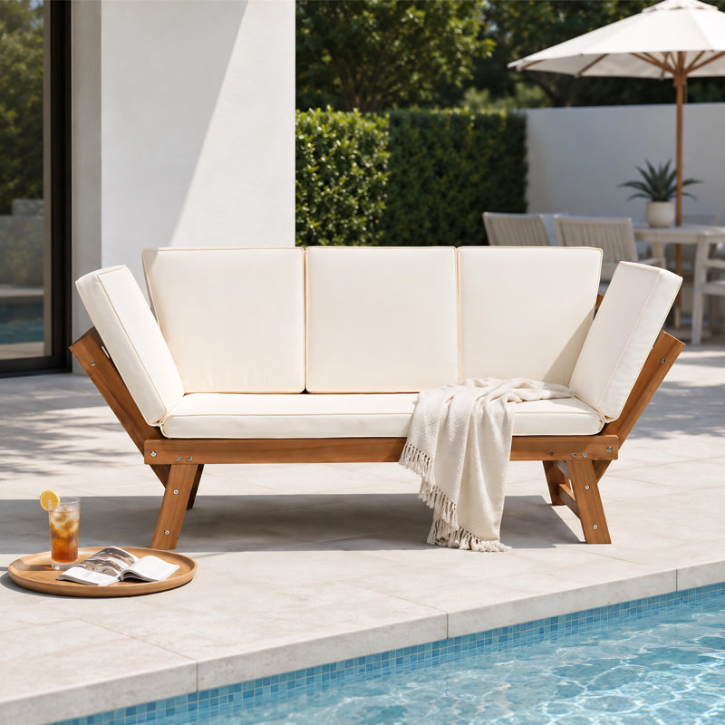 Lit de jour d'extérieur réglable en bois d'acacia avec coussins, canapé de patio extensible, Beige, Natural Wood