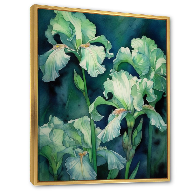 Pétale d'iris vert sur toile, H 32 po x l 16 po x P 1 po, Cadre flottant doré
