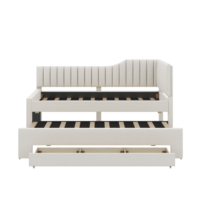 Upholstered Daybed With Trundle And Drawers, Beige, Twin