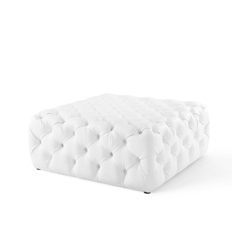 White Tufted Vegan Leather Large Square Ottoman