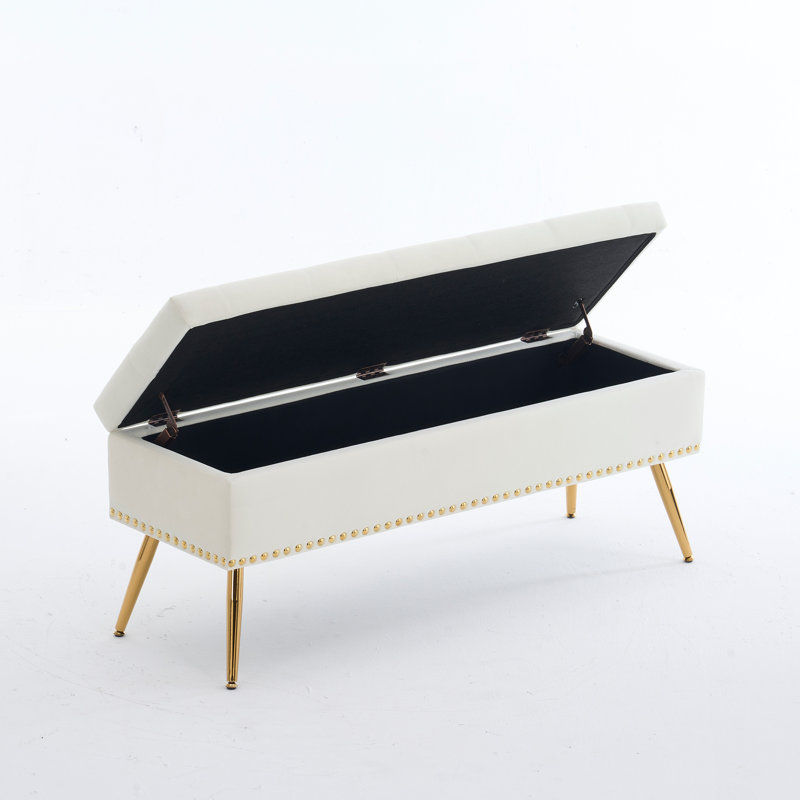 Banc repose-pieds en velours avec rangement, Ivoire, H 18 po x l 46 po x P 15,5 po