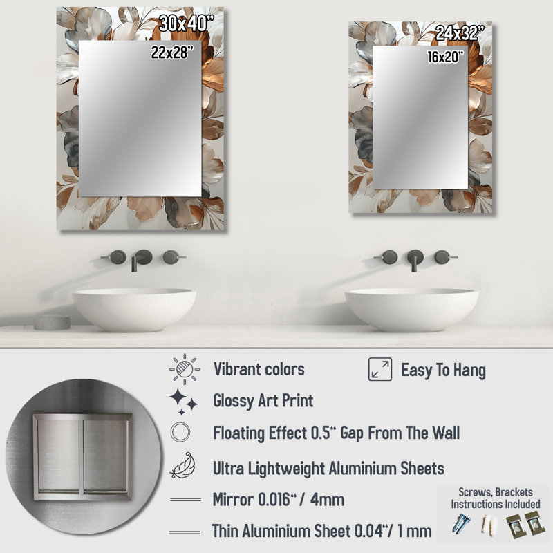 Metallic Copper And Chrome Abstract Flowers II - Flowers Mirror, Gold Unique Wall Mirror, Printed Metal Art, 32" x 24"